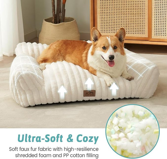 Cute Cat Couch, Premium Plush Faux Fur Pet Couch Bed, Ultra-Soft Pet Furniture for Cats & Small Dogs (Cream, S: 25.5''x17.5'')