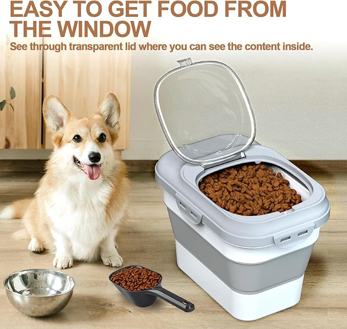 Dog Food Storage Container, 10-13lbs Collapsible Dog Cat Food Containers with Airtight Clear Flip-top and Pet Food Scoop, Pet Food Storage Container Bin for Dog Cat Bird and Other Pets Grey