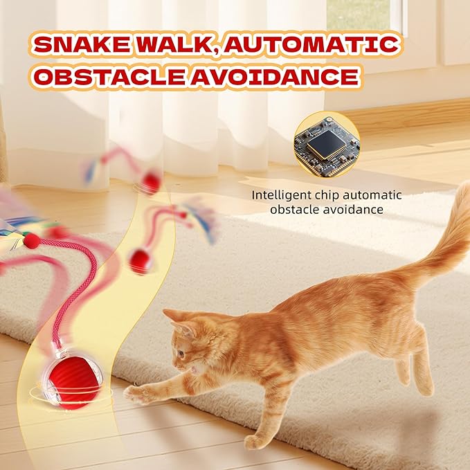 Interactive Cat Toys Ball - 2025 New Gen with Smart Obstacle Avoidance,Auto Wake-Up & 3-Speed Adjustable,Includes 2 Speedy Tail 2.0 Ropes, Ideal Kitten Toys for Bored Indoor Cats (Red)