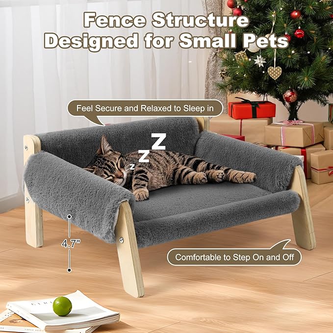 Elevated Cat Couch Bed for Indoor Cats - Wooden Pet Sofa with Removable Washable Thick Cover Raised Kitty Lounge Chair Suitable for Puppy or Small Animals(Cat Sofa Light-Grey)