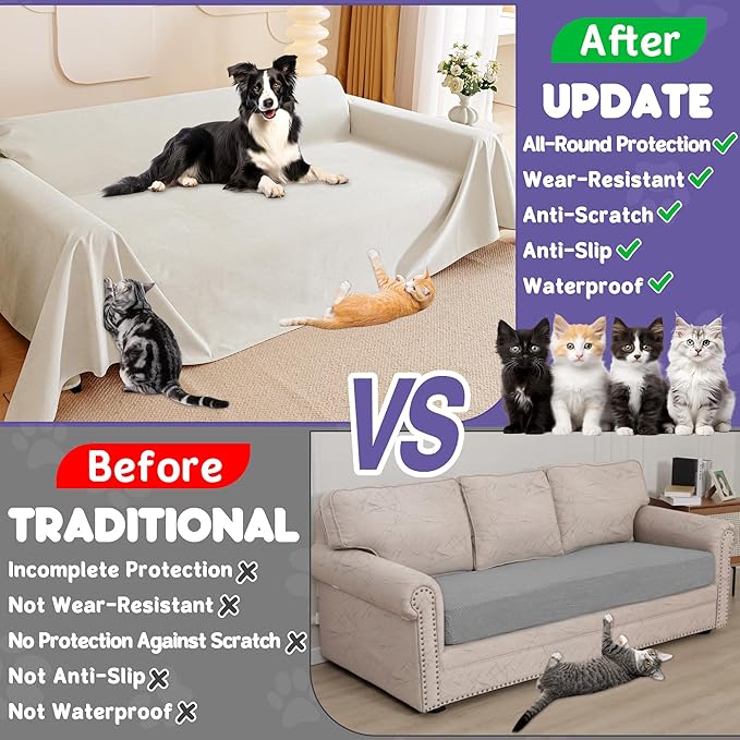 Cat Scratch Furniture Protector - Anti-Slip, Waterproof Sofa Cover to Keep Cats Off, Pet-Friendly Couch Protectors for 3 Cushion Couch, Beige Anti-Scratch Couch Cover for Pets and Kids 150"X71"