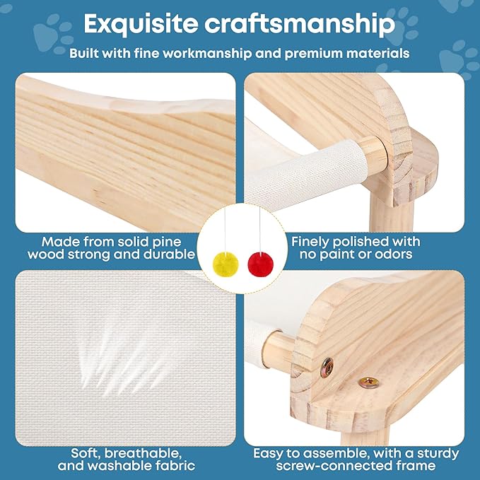 Large 3-Layer Cat Hammock Bed, 24"x15.7"x26.8" Elevated Cat Bed with Pine Wood Frame, Breathable Washable Covers, Wooden Pet Furniture for Indoor Cats and Small Animals(White, 3-Tier)