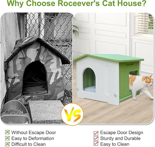 Rockever Plastic Outdoor Cat House with Escape Door, Waterproof Cat Shelters for Feral Cats Indoor Cat House with Mat, Sturdy Cat House for Outdoor Cats, Assemble Easily-Green