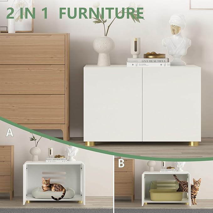 Small Litter Box Enclosure, Sleek Modern Cat Litter Box Cabinet Furniture, Wooden Cat House, End Table (White)