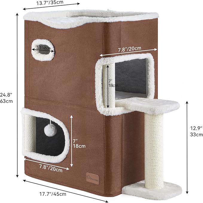 YITAHOME 2-Tier Cat House, Cat Beds for Indoor Cats, Small Cat Condo with Scratch Post, Hideaway Cave, Climbing Stand, Modern Cat Cube Playhouse for Multi Kittens, Brown