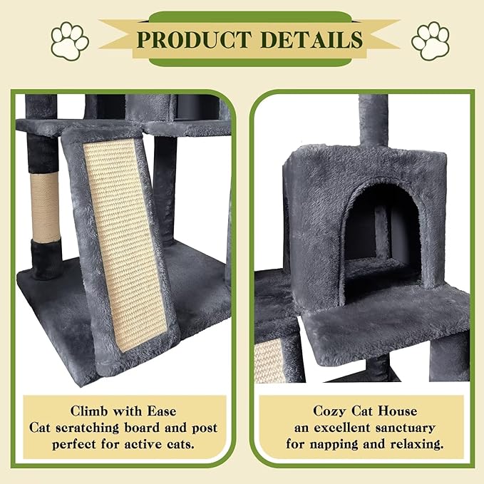 57" Cat Tree Tower for Indoor Cats, Multi-Level Cat Tower Condo with Sisal Scratching Post (Dark Gray)