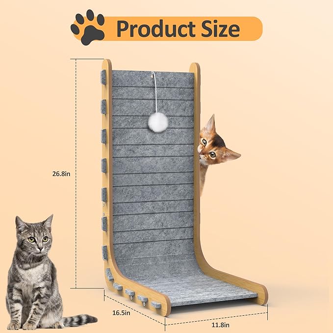 Felt Cat Scratcher for Indoor Cats, 26.8 Inches L Shape Scratching Board Vertical Cat Scratch Post with Fluffy Ball Hanging, Scratch Resistant Felt Cat Scratching Pad, Large