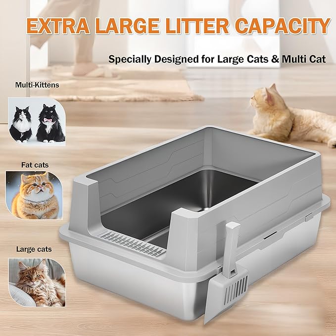 Extra Large Stainless Steel Litter Box with Lid, XXL XXXL Litter Box, Odor Control Enclosed Metal Litterbox for Big Cat, Kitty, Kittens, 28 x 20 x 12.5 inch, High Side, Easy Clean