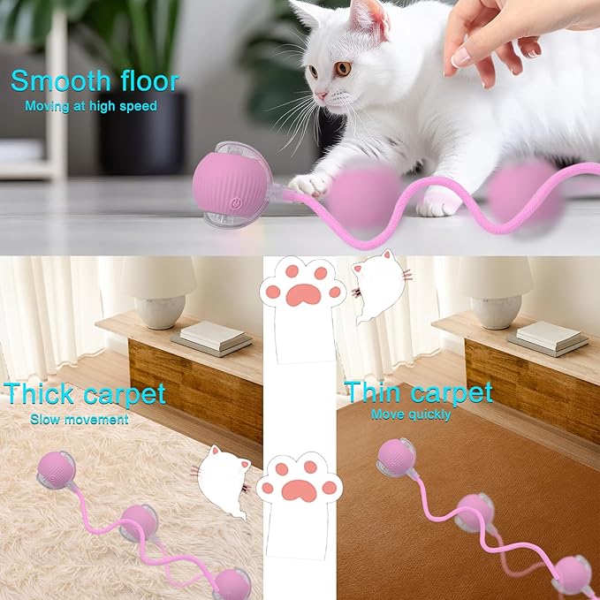 Interactive Cat Dog Toy Ball: Indoor Small Automatic Moving Smart Rolling Fun Pet Game with Led Light and String Tail for Motion Activated, Cute Kitten Puppy Present, Exercise Wheel Supplies (Pink)