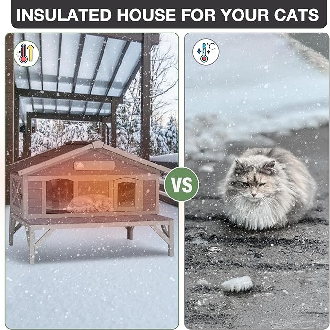 Outdoor Cat House with Insulated Liner and Elevated Design, Weatherproof Feral Cat Shelter with Escape Doors for Winter, Wooden Kitten Home Indoor