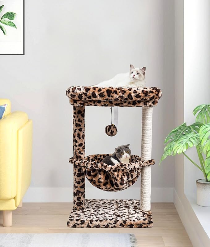 SYANDLVY Small Cat Tree for Indoor Cats, Unique Leopard Print Cat Tree Tower for Kitties, Condo Furniture with Hammock & Sisal Scratching Posts