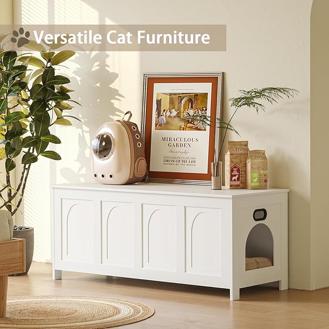 DINZI LVJ Cat Litter Box Enclosure, Flip Top Litter Box Furniture, Hidden Cat Washroom, 2-Entrances Wooden Pet House, 47.2" L x 18.7" W x 19.7" H, End Side Table, TV Stand, Easy to Assemble, White