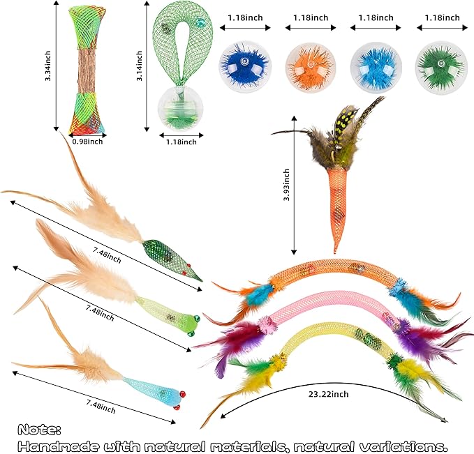 Cat Toy Set - 4 Styles Interactive Cat Feather Toy with Catnip & Dental Mesh & Bells, 2 Style Sparkle Balls & Matatabi Silvervine Sticks for Teeth Cleaning, Ideal for Cat Birthday Gifts
