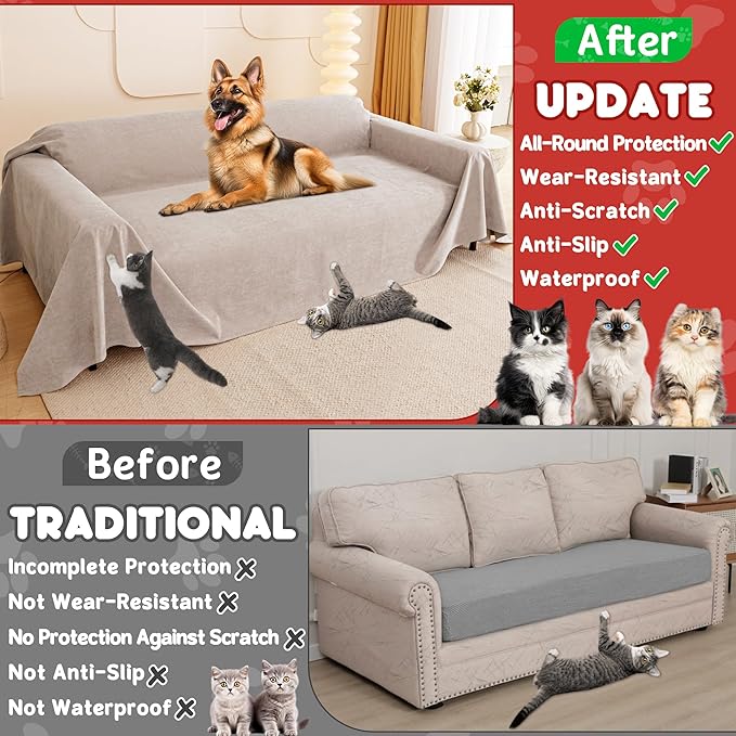 Cat Scratch Furniture Protector - Anti-Slip, Waterproof Sofa Cover to Keep Cats Off, Pet-Friendly Couch Protectors for 3 Cushion Couch, Khaki Anti-Scratch Couch Cover for Pets and Kids 118"X71"
