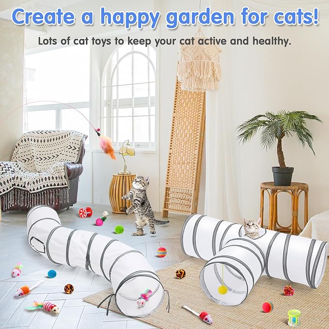 Wettarn 22 Pieces Cat Toys Set, with 2 Collapsible Tunnels for Indoor Cats and 20 Kitten Toys Tubes and Tunnels Interactive Feather Mouse Crinkle Balls for Pets Puppies(White)