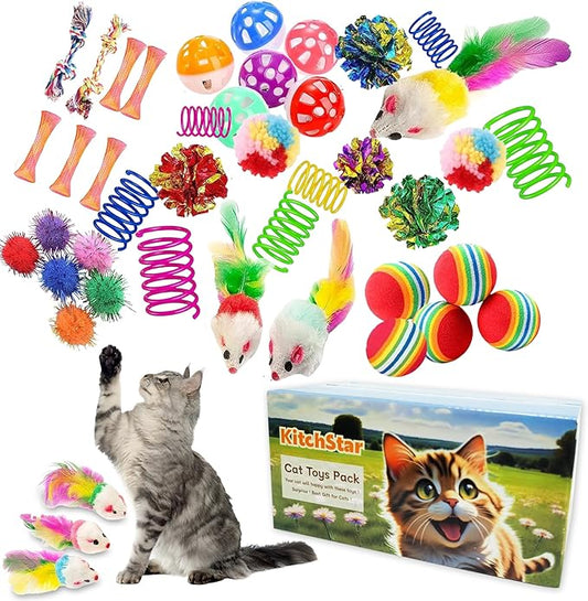 46 PCS Cat Toys for Indoor Cats, Kitten Toys with Cat Spring Toy, Mint Catnip with Crinkle Mouse Ball for Indoor Cats Kittens Exercise