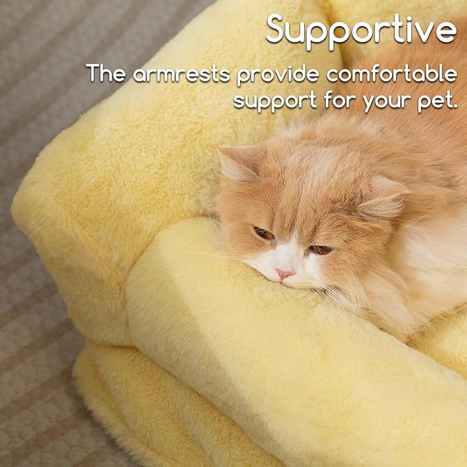 Hollypet Fluffy Plush Dog Cat Pet Couch Soft Calming Sofa Bed for Medium Small Cats and Dogs, Yellow