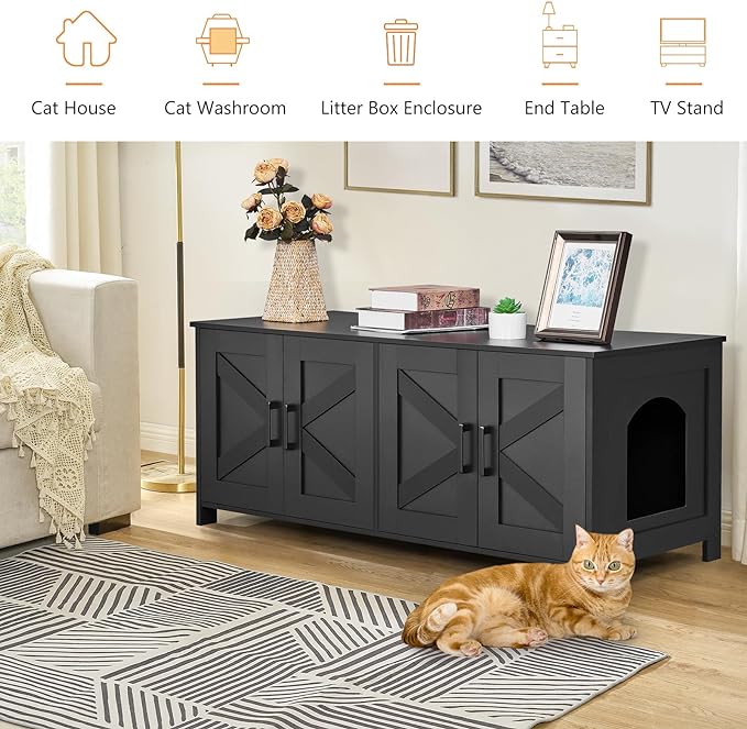 Homhedy Cat Litter Box Enclosure for 2 Cats, Litter Box Furniture Hidden with Double Room,Wooden Cat Washroom Furniture,Cat House,47.2”L x 19.7”W x 19.7”H,Black