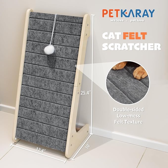PETKARAY Felt Cat Scratcher, L Shaped Scratching Pad, Scratch Resistant Carpet Scratcher Ramp, Slot-Free Scratch Board with Toy Ball, Dark Grey