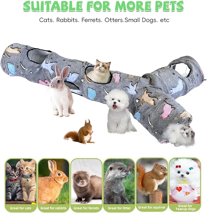 Cat Tunnel for Indoor Cats,Tree Trunk Cat Tunnels with Plush Ball Toys Collapsible,Stars, Moon Shape Self-Luminous, for Indoor Cats,Pets Bunny Rabbits, Kittens, Ferrets