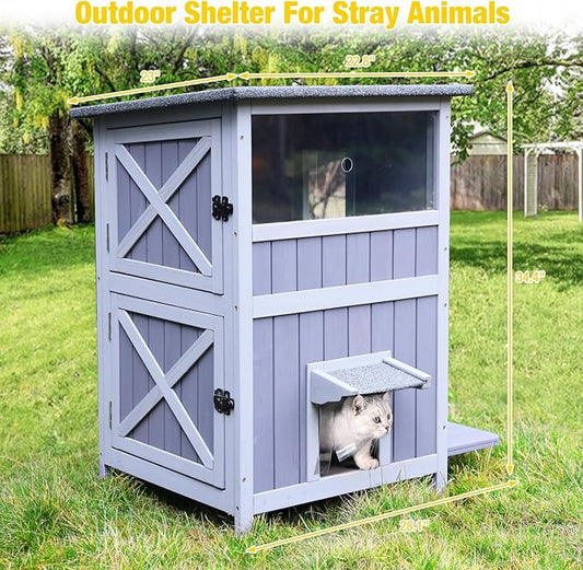 Aivituvin Outdoor Cat House，Two-Story Feral Cat Shelter，Wooden Cat Condos,Weatherproof Cat Enclosure for Winter with Escape Doors