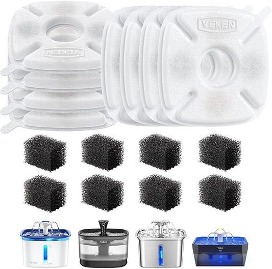 Veken Cat Water Fountain Filter, Classic 8 Pack Replacement Filters & 8 Pack Replacement Pre-Filter Sponges for 50oz, 84oz, 95oz Automatic Pet Fountain Dog Water Dispenser