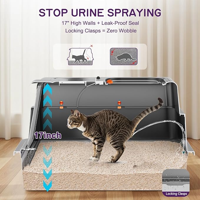 Stainless Steel Litter Box with Lid, 28" XXXL Large Cat Litter Box Enclosure for Multiple Cats, Odor Control with Carbon Filters, Anti-Leak High Sided, Includes Removable Lid & Scoop, Black