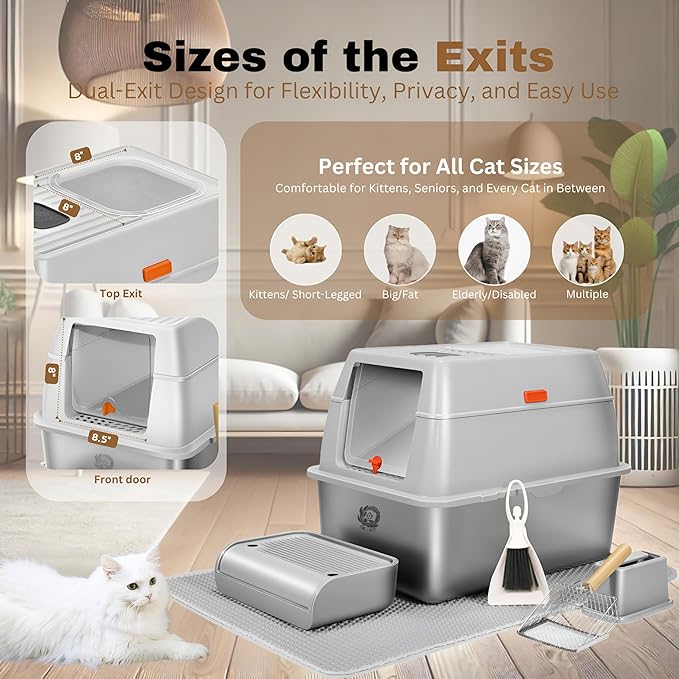 Fully Enclosed XXL Stainless Steel Litter Box with Lid, 8” Deep Pan, Large Stainless Steel Cat Litter Box for Big Cat with Scoop, Step Board, Mat, Brush, Odor-Free, Anti-Leak, Non-Stick (Light Gray)