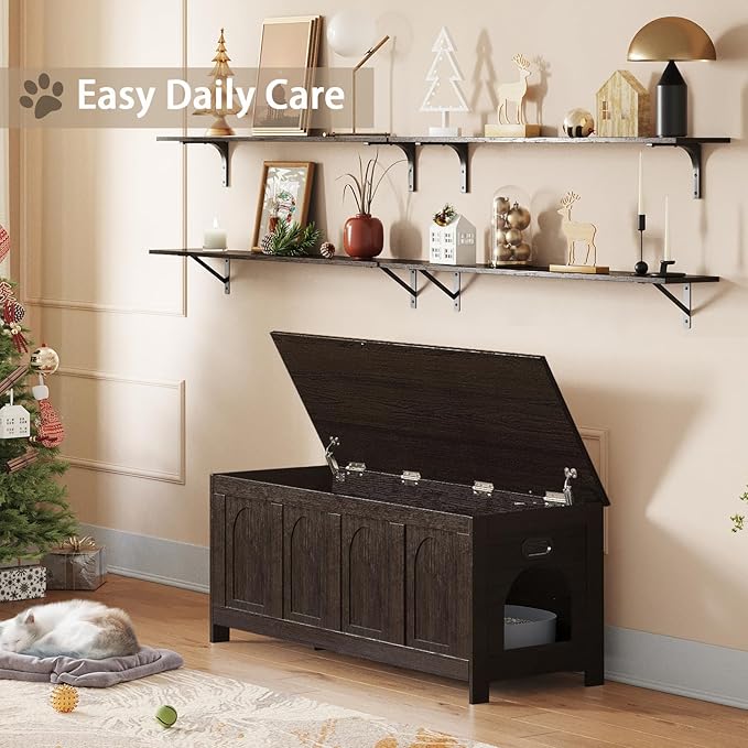 DINZI LVJ Cat Litter Box Enclosure, Flip Top Litter Box Furniture, Hidden Cat Washroom, 2-Entrances Wooden Pet House, 47.2" L x 18.7" W x 19.7" H, End Side Table, TV Stand, Easy to Assemble, Espresso