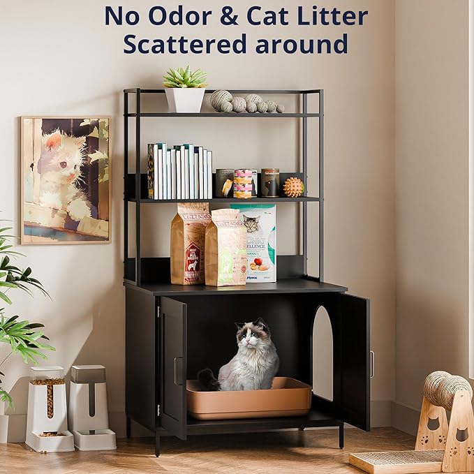Cozy Castle Litter Box Enclosure, 57'' Cat Litter Box Furniture with Large Cabinet, Shelves, Hidden Cat House for Most of Litter Boxes, Wooden Pet Washroom Indoor, Black, No-Hook