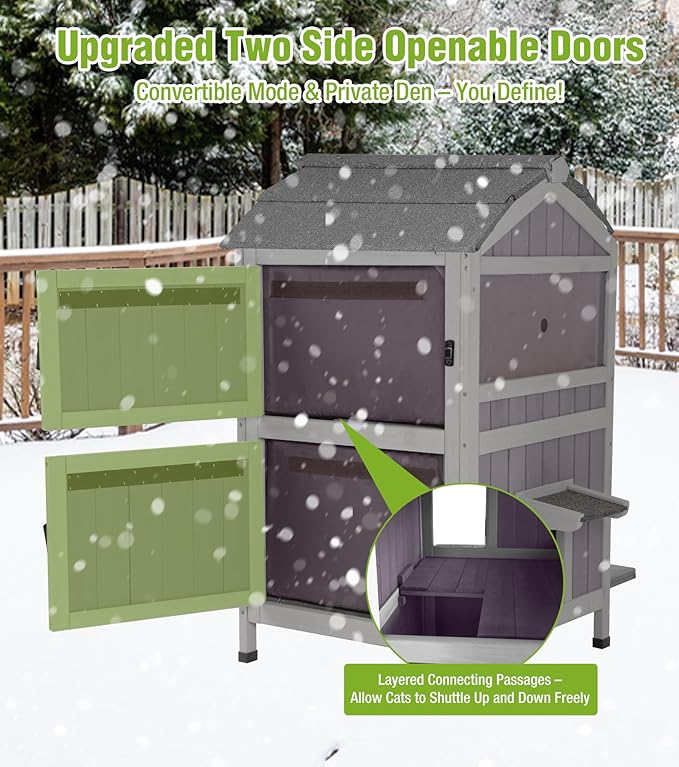 GUTINNEEN Insulated Cat House Outdoor for Winter, 2-Story Feral Cat Shelter Weatherproof with Large Acrylic Window, Movable Floor & Multiple Jumping Platforms for Outdoor Cats