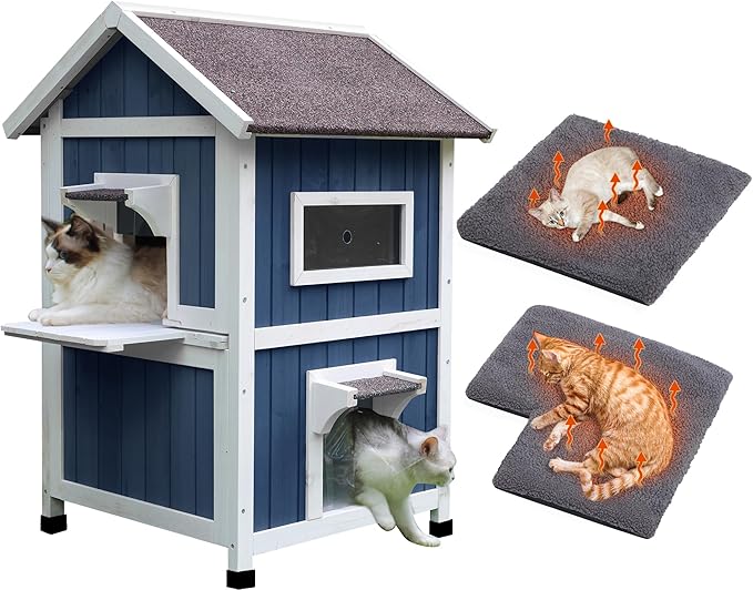 Rockever Outdoor Cat House, 2 Story Outdoor Houses for Feral Cats Wooden Outside Cat Shelter Weatherproof with Escape Door