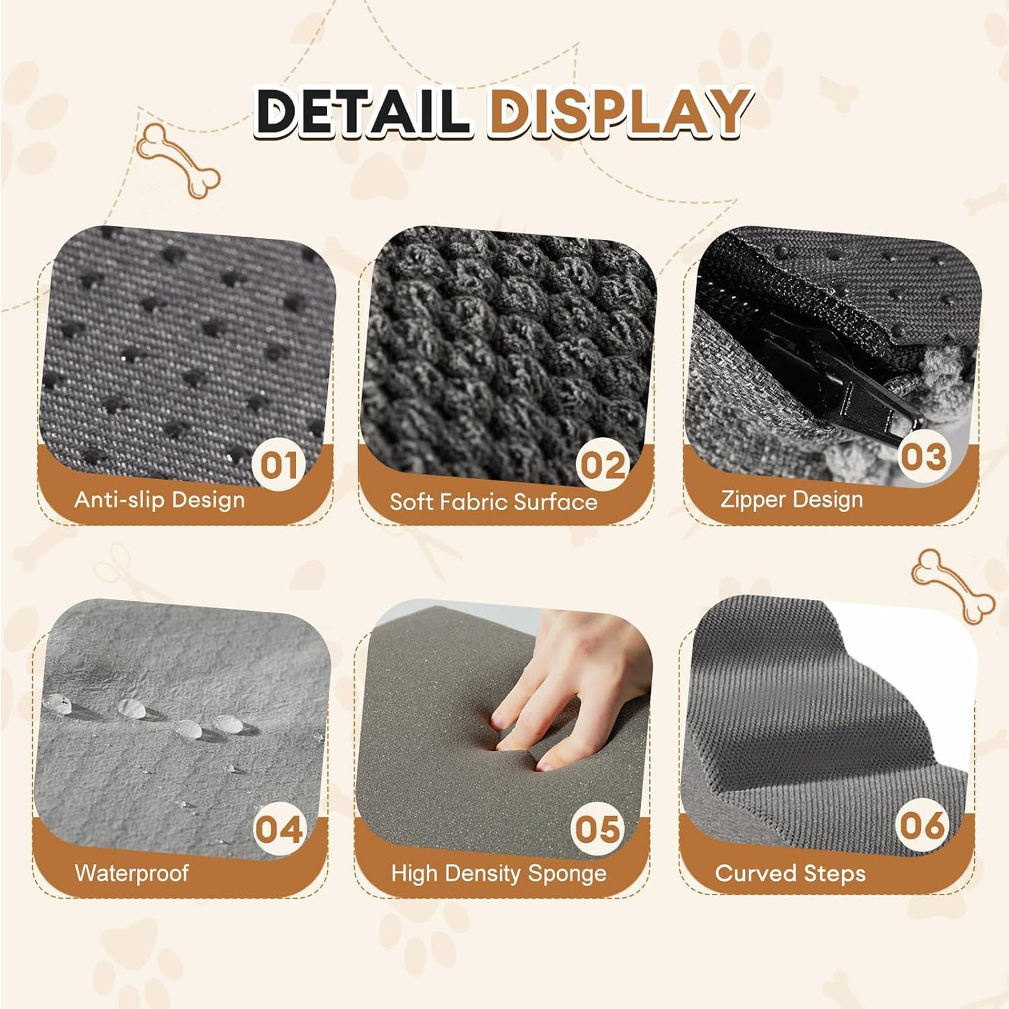 Romrol Dog Stairs Ramp for Beds Couches, 15.7” H 33D Extra Wide Pet Steps with Durable Non-Slip Waterproof Fabric Cover, Dog Slope Stairs for Small Dogs and Cats or Pets Friendly, 3-Tiers, Grey