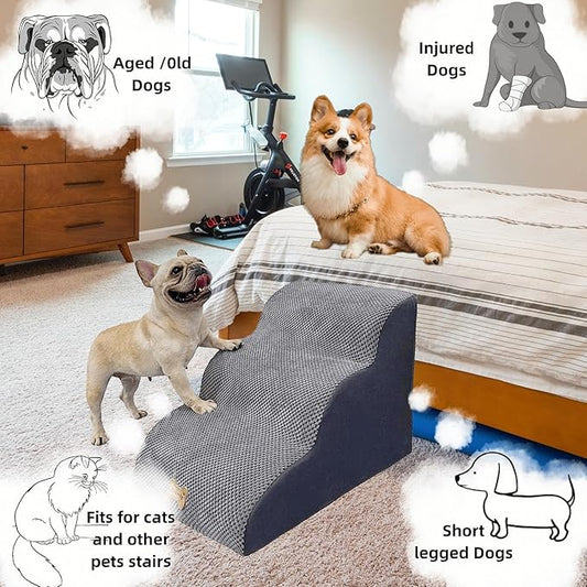 3-Step Dog Stairs for High Beds & Couches Multi-Step Non-Slip Pet Steps with Balanced Ramp Indoor 2 3 4 5 Step Stairs for Small to Large Dogs and Cats Non-Slip Stickers 30D Grey