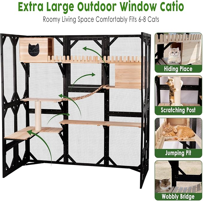 Catio Outdoor Cat Enclosure Wooden Cat House for Mulitiple Cats Walk-in Cage Window Acess with Heavy Duty Weather-Proof Asphalt Roof