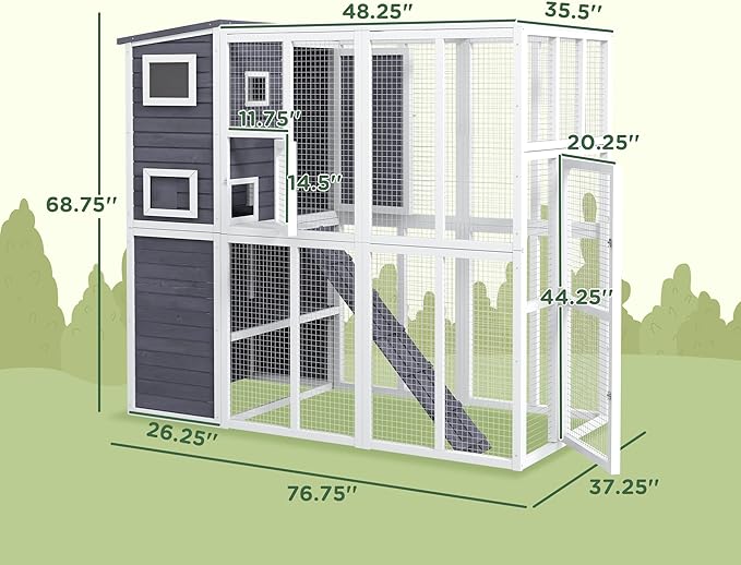PawHut Catio Outdoor Cat Enclosure, Wooden Cat Patio with Platforms, Waterproof Asphalt Roof, Ramps, 77" L, Light Gray