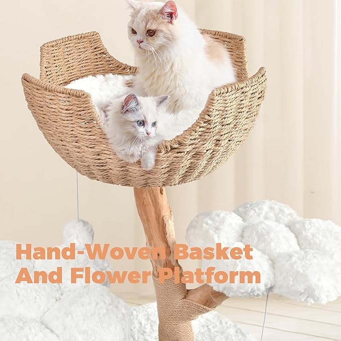 Easyego Modern Cat Tree, Aesthetic Wood Cat Tree Tower for Large Cats, Luxury Cat Condo with Scratching Posts and Flower Platforms, Cat Furniture by Easyego, (Rabbit Hair - White)