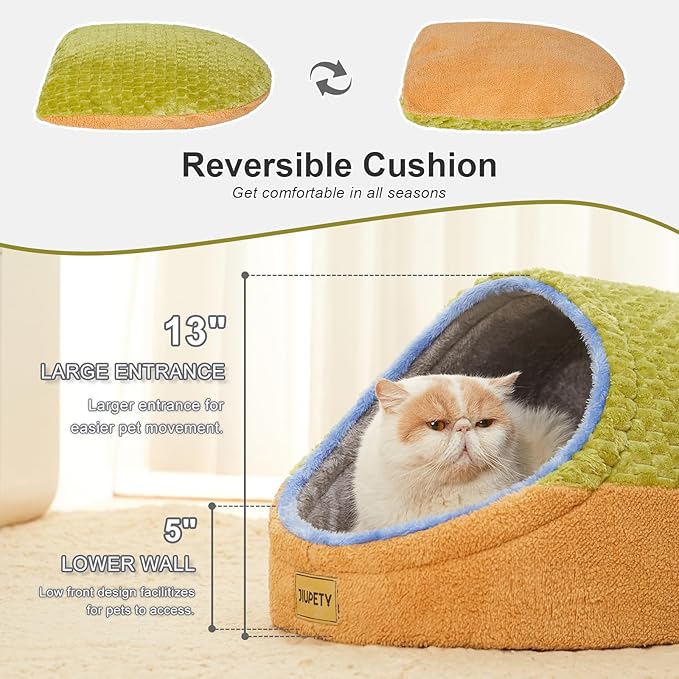 Jiupety Cute Cat Beds for Indoor Cats, Cave Bed for Kittens, Hideaway Cat House & Tent with Anti-Slip Bottom, Washable Removable Cushion, M(16"x16"x13"), Green