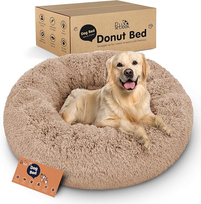 Donut Dog Bed - Premium Comfort for Anxiety Relief - Fluffy & Calming Design with Ultra-Plush Support | Cozy Round Dog Bed with Super Soft Circle Style (Size XL Camel)