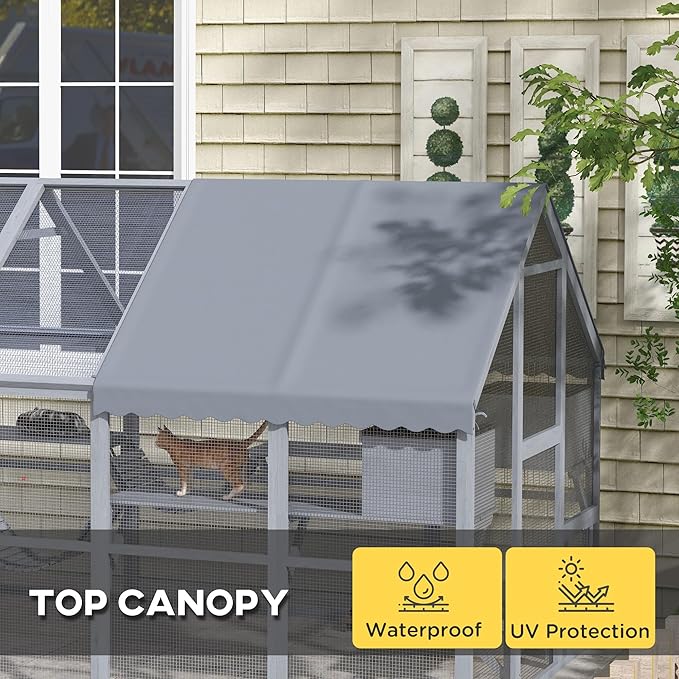 PawHut Large Catio Outdoor Cat Enclosure for Multiple Kittens, Wooden Cat House with Waterproof Cover, Walk in Kitty Cage Kennel with 2 Condos, 6 Platforms, Bridge, Doors, 110" x 73" x 74", Gray