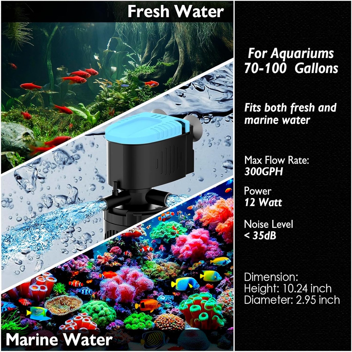 AquaMiracle Submersible Aquarium Filter 3-Stage in-Tank Filter with Dual Water Outlet & Aeration, Water Flow Adjustable 300GPH Internal Fish Tank Filter for 60-150 Gallon Aquariums