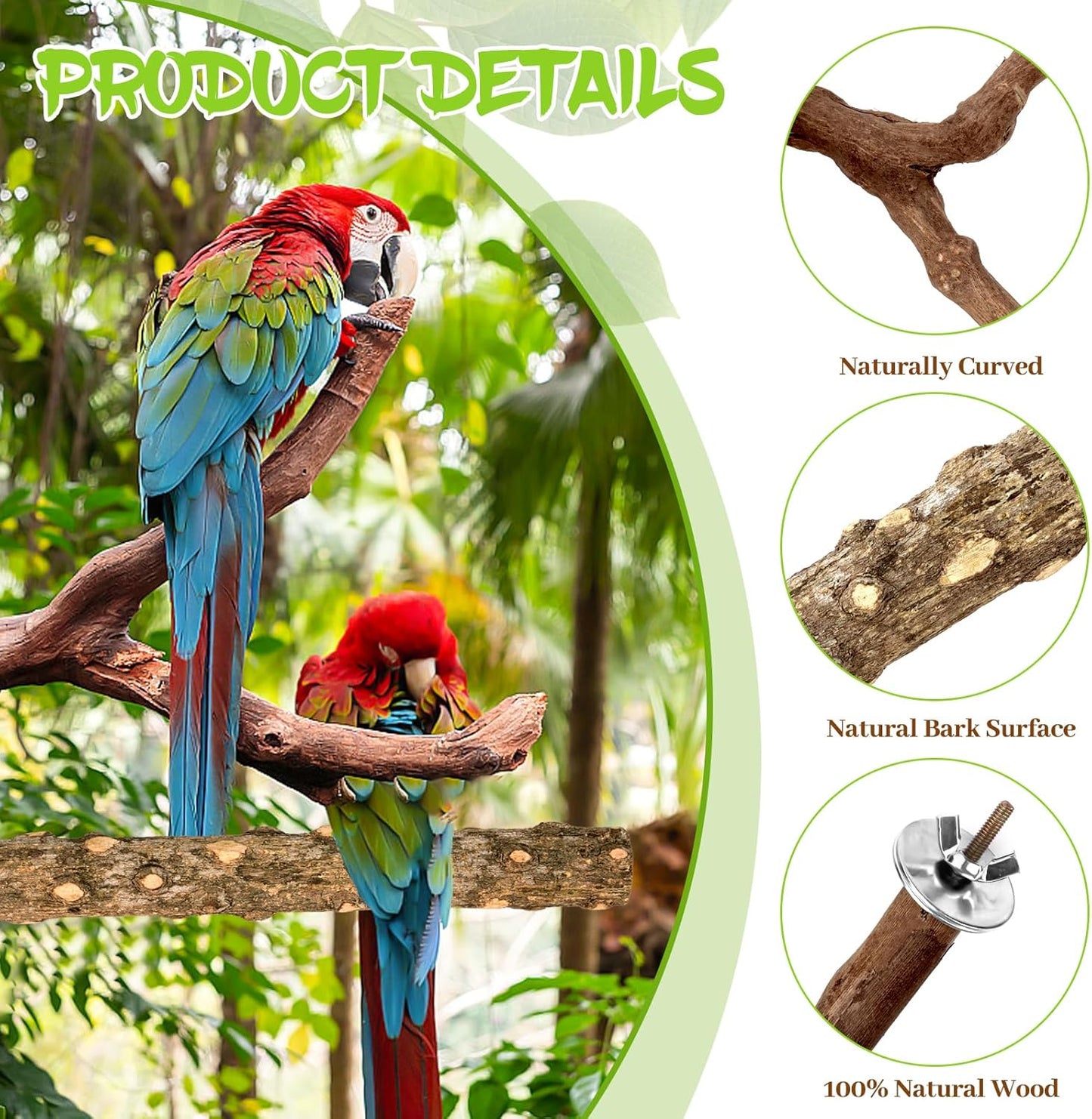 Natural Wood Bird Perches for Cage, Parrot Perch Stand & Platform, Bird Cage Accessories for Parakeets, Cockatiels, Conures, Lovebirds (Brown, Natural Grapewood Variety Set - 8PCS)