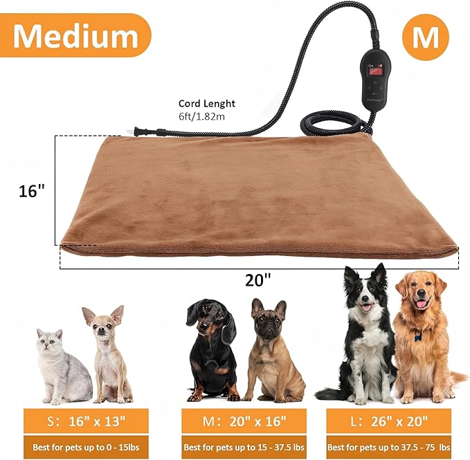Upgraded Pet Heating Pad, 5 Adjustable Temperature & Timer, Warm Dog Cat Heating Pad, Auto Power-Off, Waterproof Chew-Resistant (M:20'' x 16'')