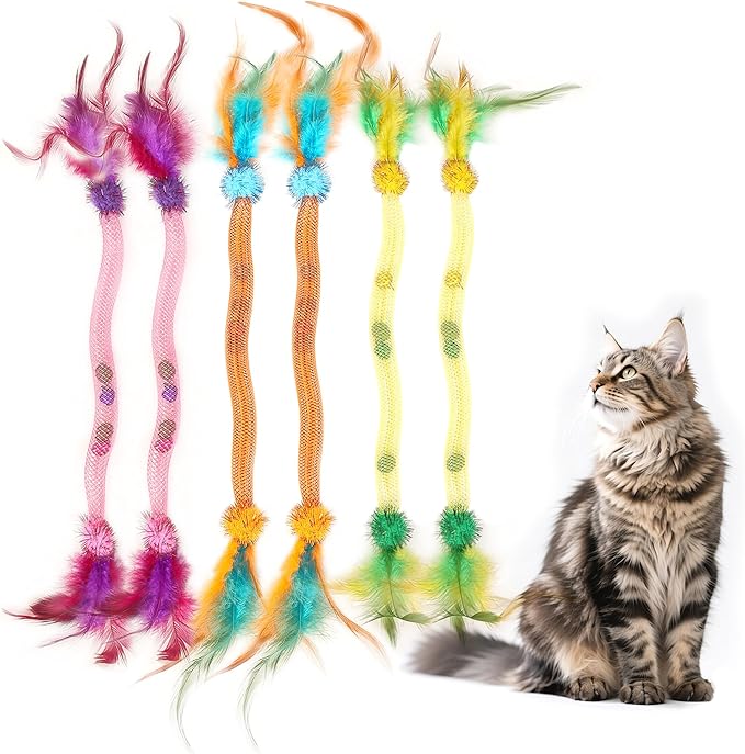 Catnip Toys for Cats – 6-Pack Feather Mesh Tubes with Bells, Interactive Chew Set for Indoor Cats & Kittens