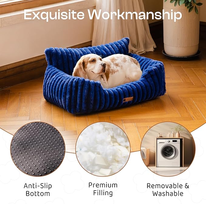 MEWOOFUN Dog Couch Bed, Fluffy Small Dog Bed with Removable Washable Cover, Supportive Cat Couch for Cats & Dogs up to 25 lbs (Navy Blue, 30x21x12)