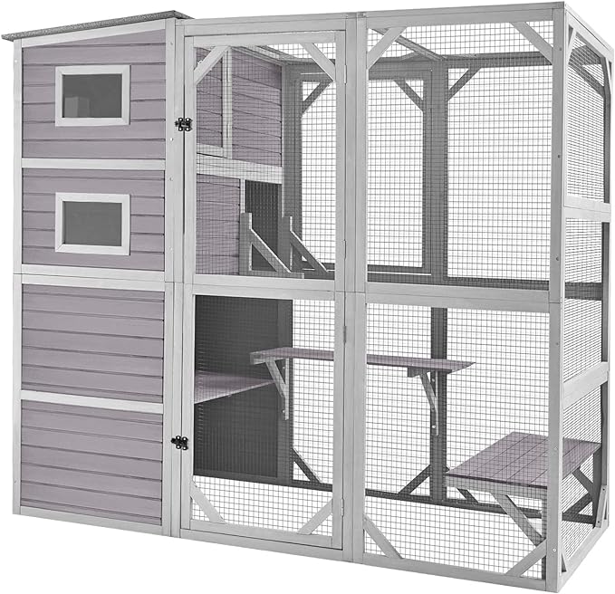 Aivituvin Large Cat Catio 4 Tiers Cat Enclosures House for Outdoor Indoor Cats with Weatherproof Roof, 3 Resting Rooms, 3 Platforms, 5 Windows 70" H 77" L