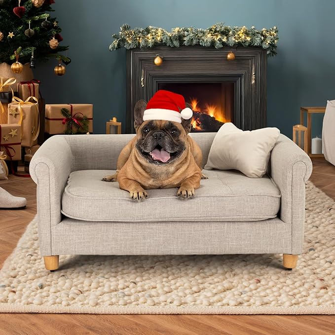 dCee Dog Sofa Bed, 33 Inch Light Gray Couch for Medium Dogs up to 70 Lbs, Offering Soft Velvety Comfort, Joint Support, and a Washable Cushion Cover for Practical Cleaning