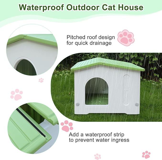 Weatherproof Cat House for Outdoor Indoor Use, Plastic Feral Cat House with Escape Door and Soft Mat, Outside Cat Shelter for Small Pet, Spacious, Assemble Easily - Green