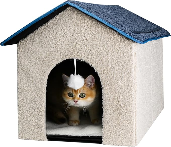 Foldable Cat House with Plush Hanging Ball - Cozy Cottage-Style Pet Bed, 18.9"x17.7"x17.3" Off-White | Slanted Roof & Arch Door for Indoor Kittens