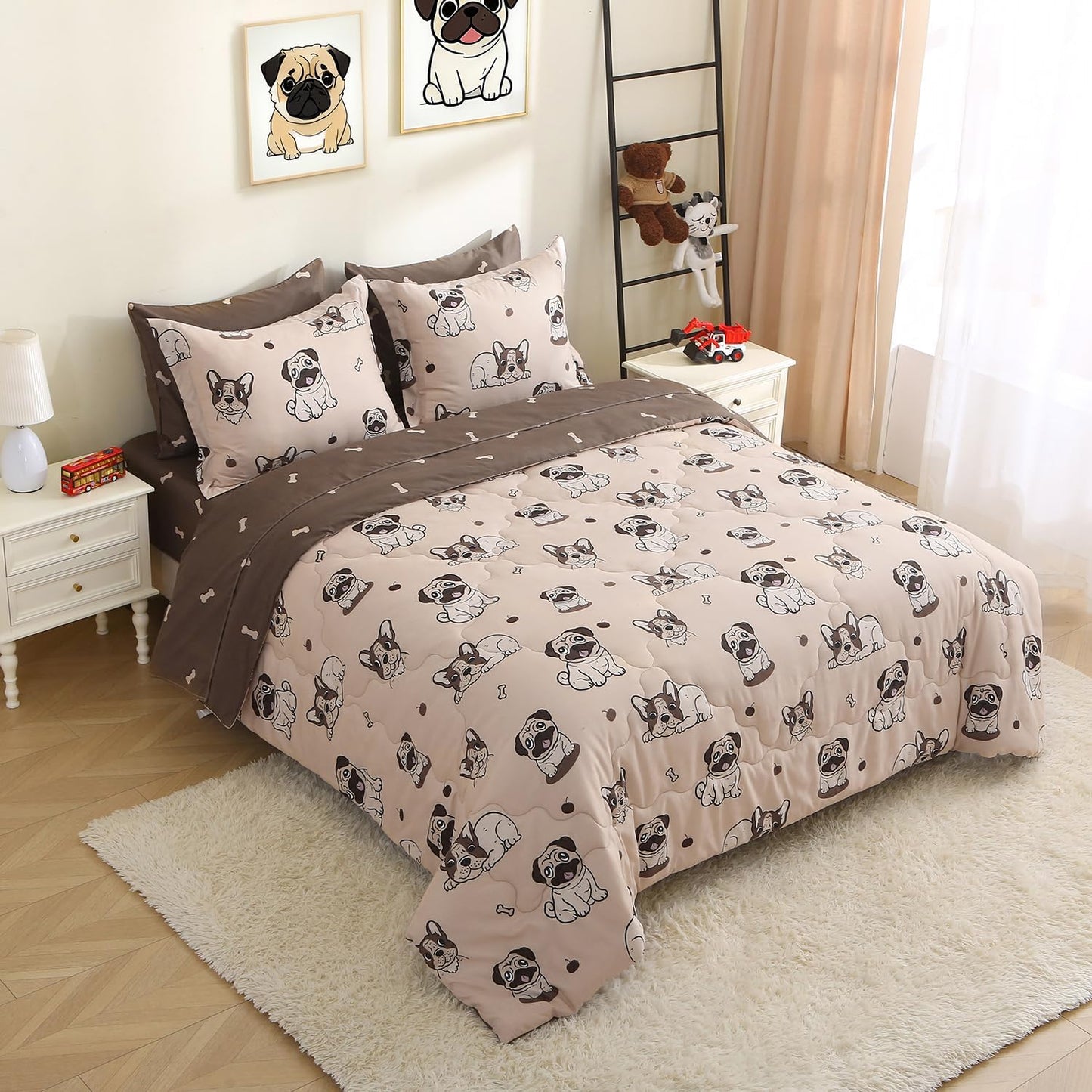 Kids Comforter Set 7 Piece Bedding Cute Dog Cartoon Animal Bed Microfiber Comforter Twin Size All Season (1 Comforter, 1 Flat Sheet, 1 Fitted Sheet, 4 Pillowcase)